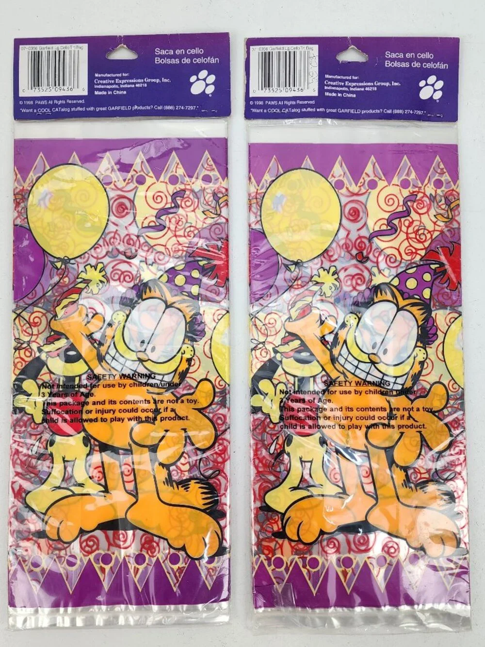 Vtg 90s Garfield Birthday or New Year's Party Supplies Treat Bags Lot of 2 Packs